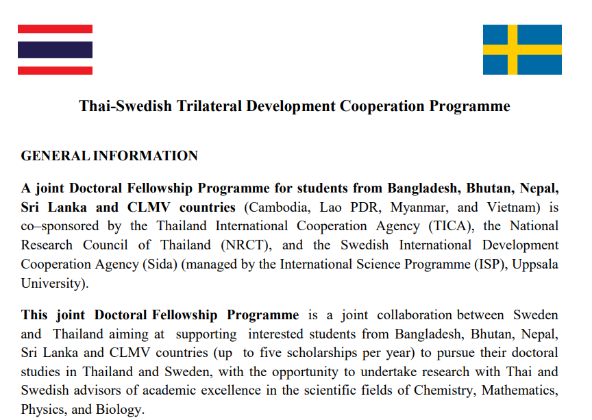 Thông báo học bổng “Chương trình Hợp tác phát triển Thái – Thụy Điển” năm 2023